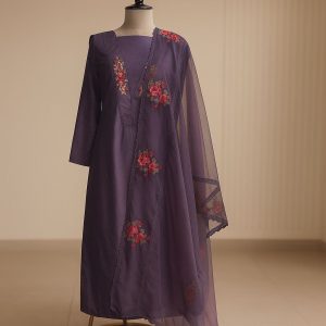 Purple Unstitched Cotton Suit with Neckline Detailing
