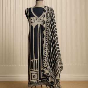 Black & Beige Unstitched Crepe Suit with Neckline Detailing