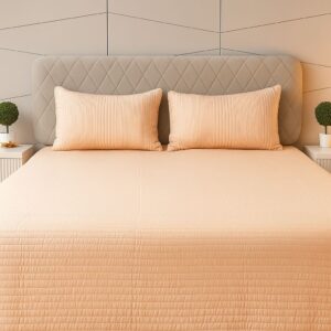 pastel peach Stripes Embroidered Bedcover