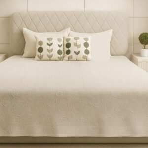 Off White Quilted Bedcover With Towel embroidery flowers