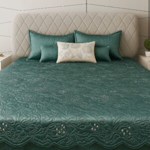 Teal Embroidered Flower Bedcover
