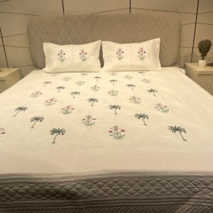 White cotton quilted bedcover with digital print
